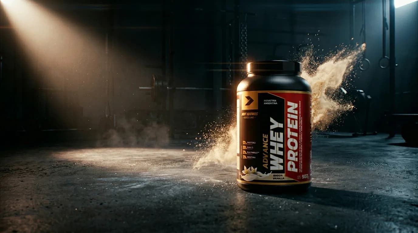 Body Advance Whey Protein en ambiente de gimnasio premium
